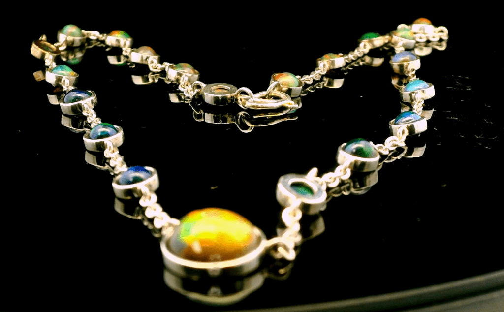 This stunning Ethiopian opal necklace is a masterpiece of elegance and sophistication. Each opal is carefully set in a delicate silver chain, creating a mesmerizing play of colors