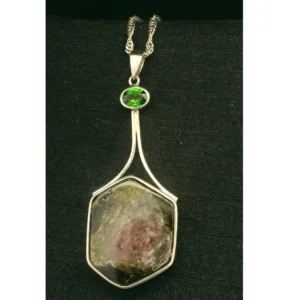 Silver Pendant with Hexagon Tourmaline Slice and Green Diopside