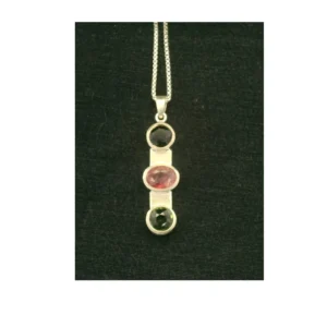 Sterling Silver Charm Necklace with Round Green and PinkTourmaline